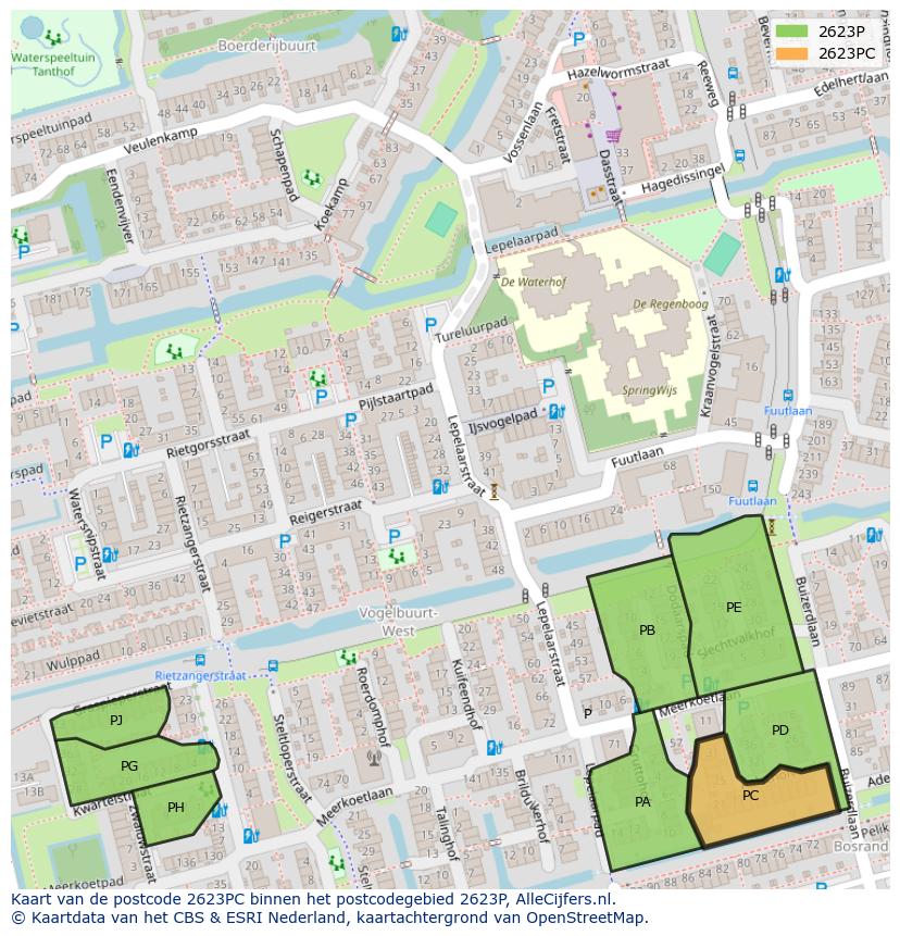 Afbeelding van het postcodegebied 2623 PC op de kaart.