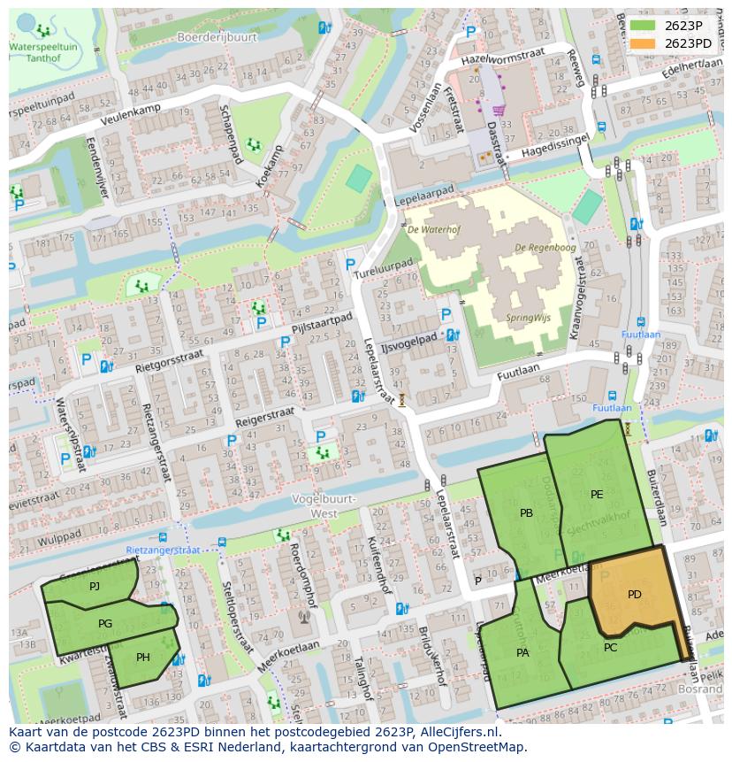 Afbeelding van het postcodegebied 2623 PD op de kaart.