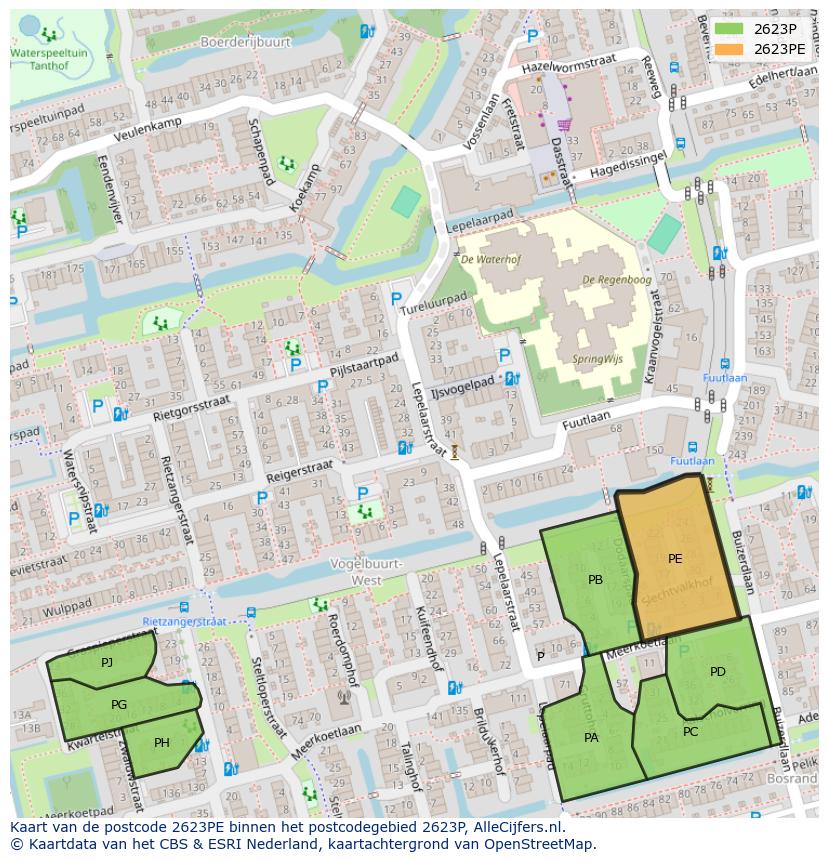 Afbeelding van het postcodegebied 2623 PE op de kaart.