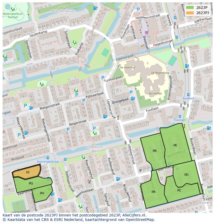 Afbeelding van het postcodegebied 2623 PJ op de kaart.