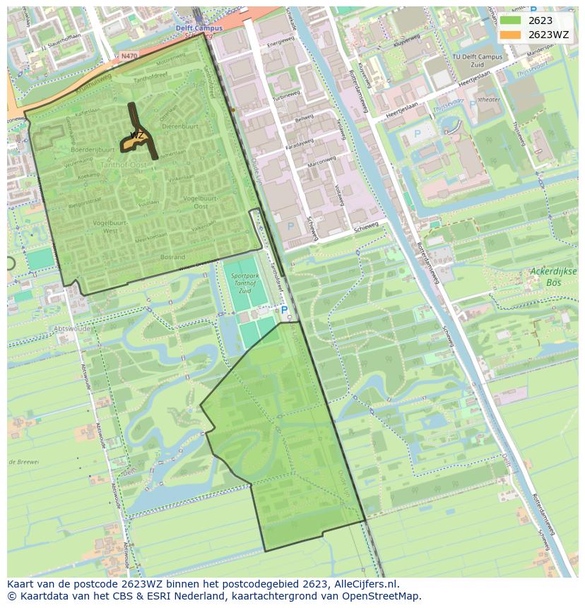 Afbeelding van het postcodegebied 2623 WZ op de kaart.