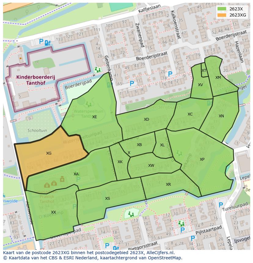 Afbeelding van het postcodegebied 2623 XG op de kaart.