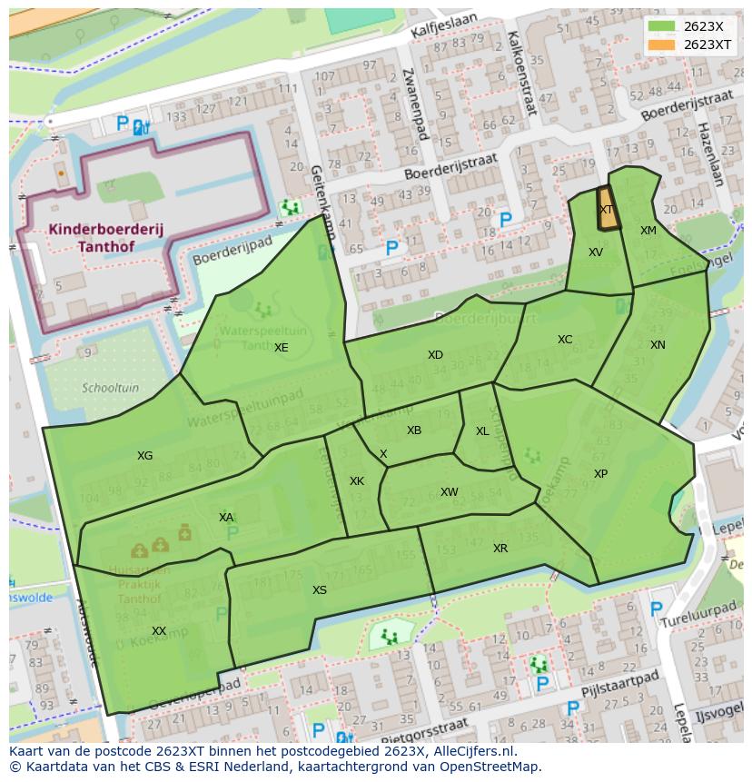 Afbeelding van het postcodegebied 2623 XT op de kaart.