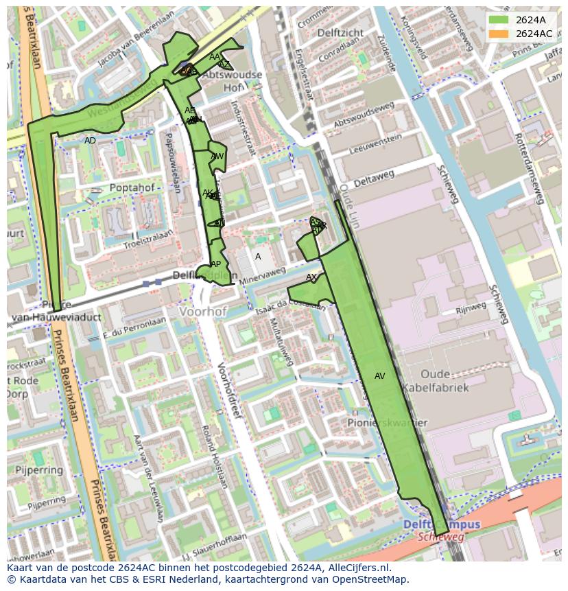 Afbeelding van het postcodegebied 2624 AC op de kaart.