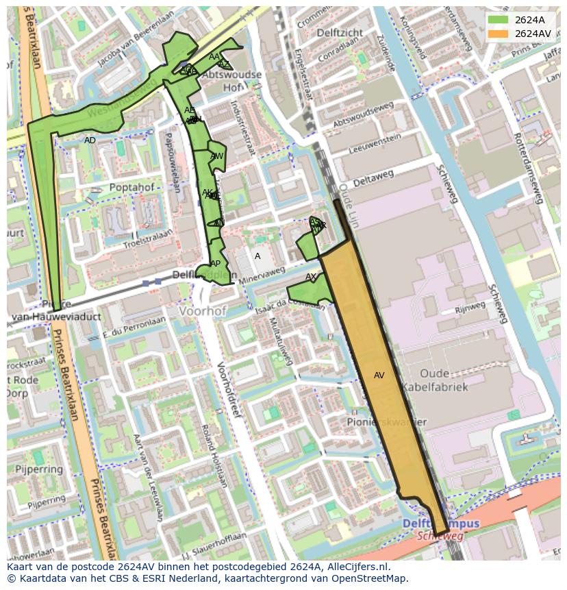 Afbeelding van het postcodegebied 2624 AV op de kaart.
