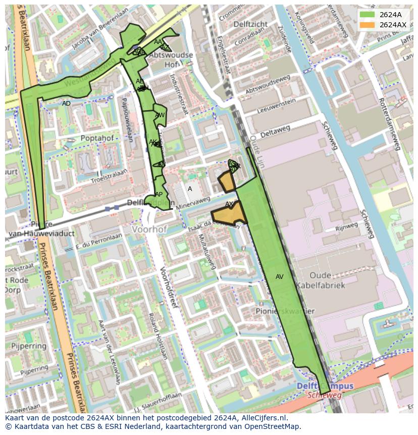 Afbeelding van het postcodegebied 2624 AX op de kaart.