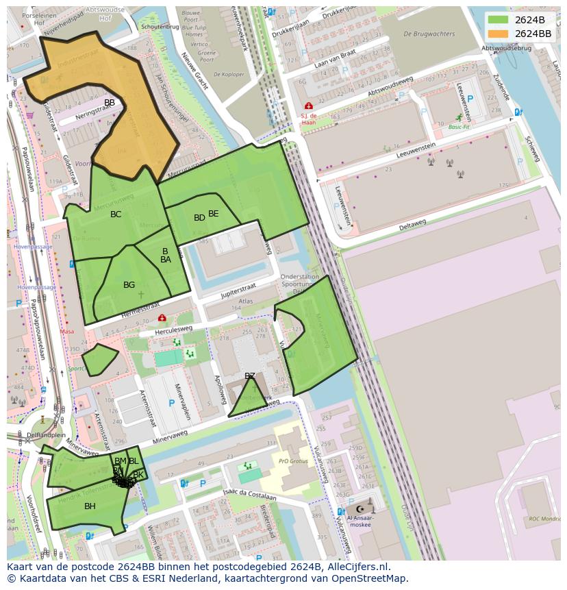 Afbeelding van het postcodegebied 2624 BB op de kaart.