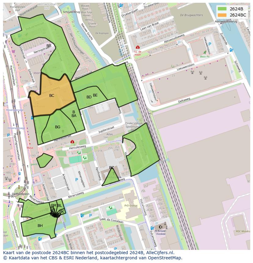 Afbeelding van het postcodegebied 2624 BC op de kaart.