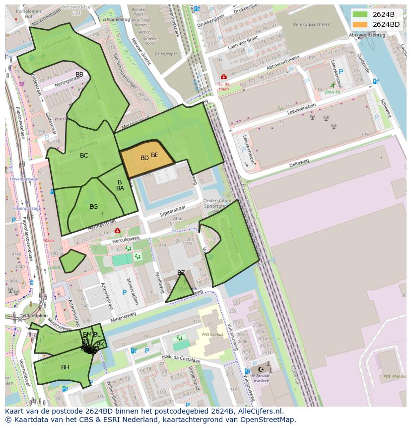 Afbeelding van het postcodegebied 2624 BD op de kaart.