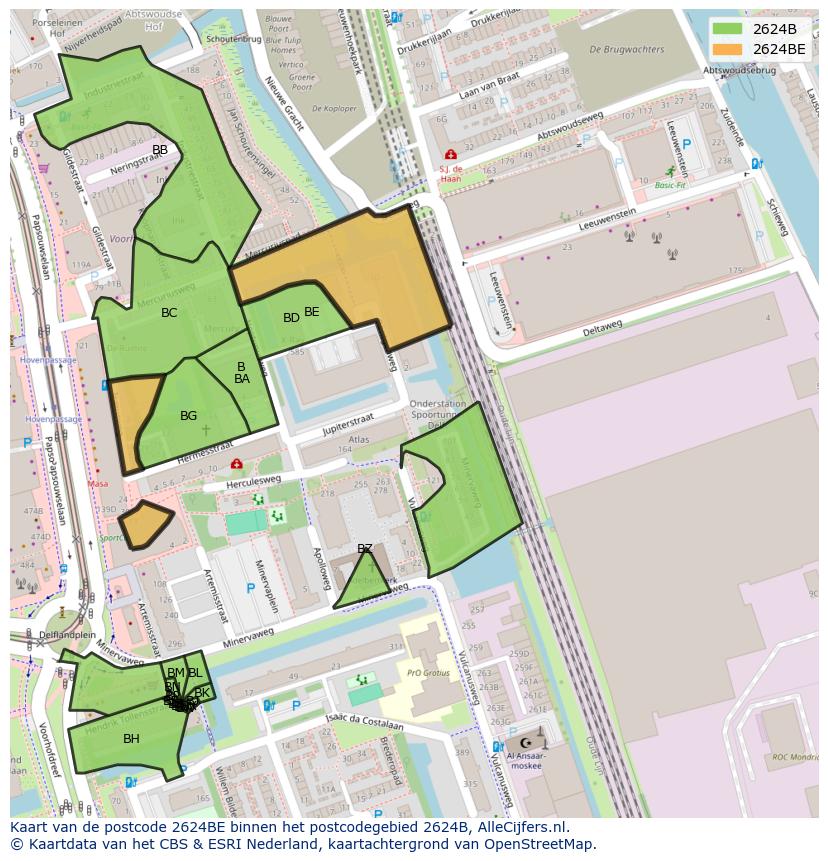 Afbeelding van het postcodegebied 2624 BE op de kaart.