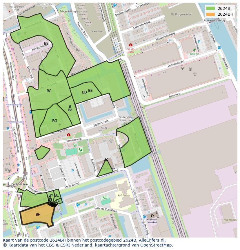 Afbeelding van het postcodegebied 2624 BH op de kaart.