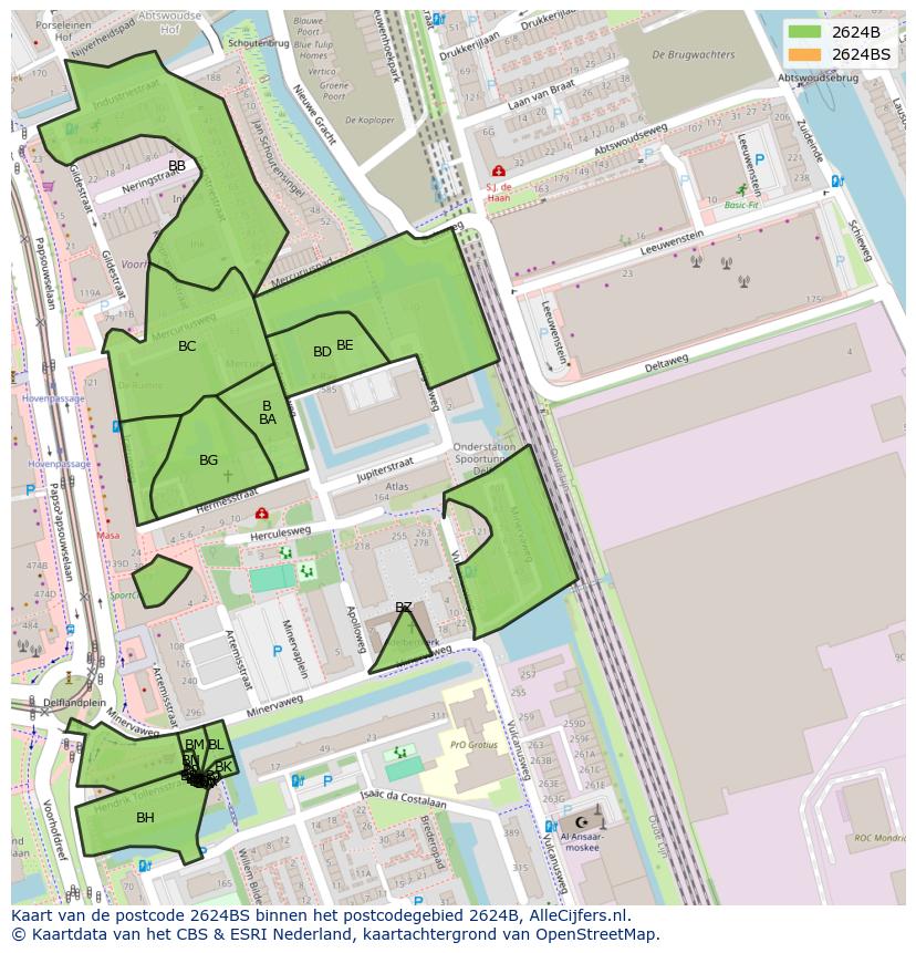 Afbeelding van het postcodegebied 2624 BS op de kaart.