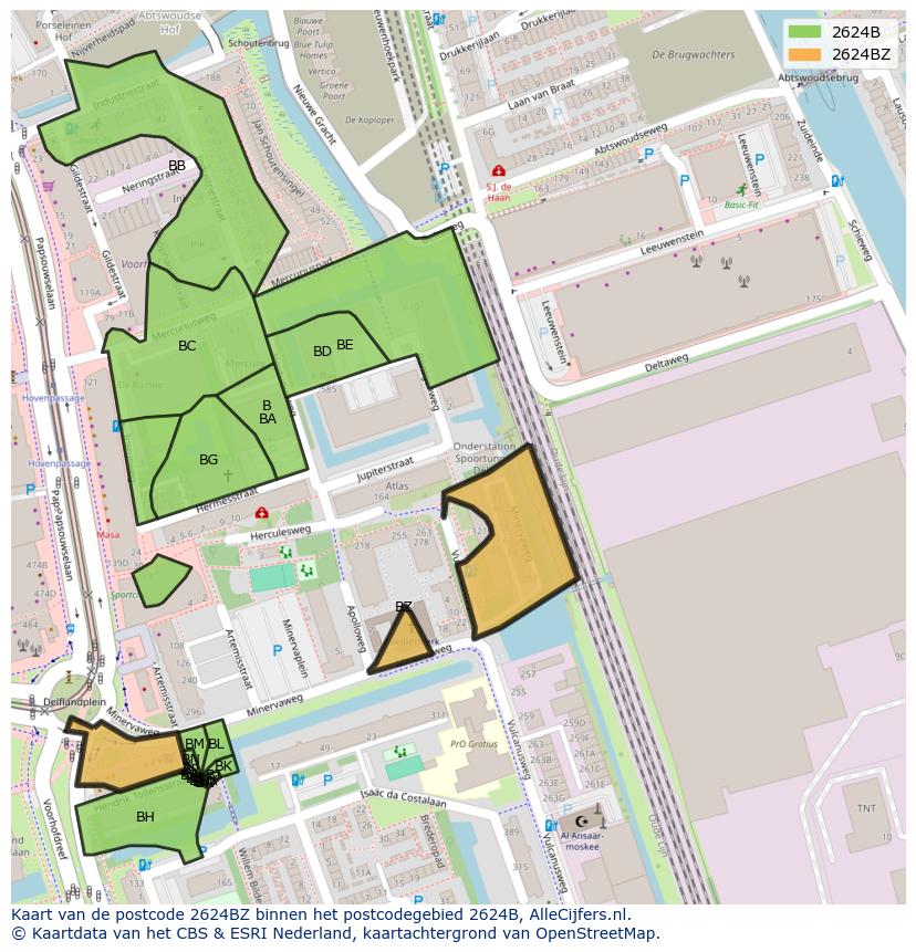 Afbeelding van het postcodegebied 2624 BZ op de kaart.