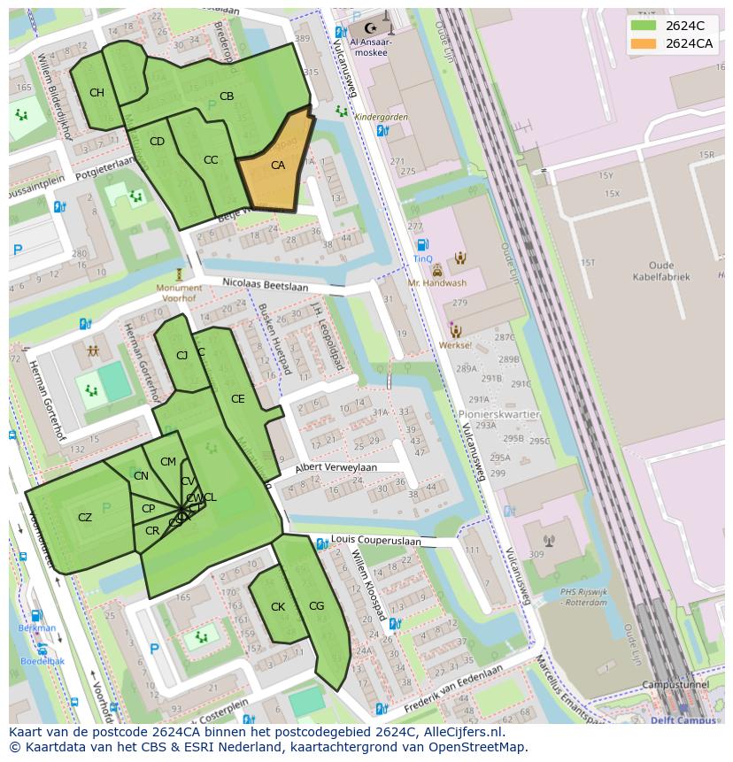 Afbeelding van het postcodegebied 2624 CA op de kaart.