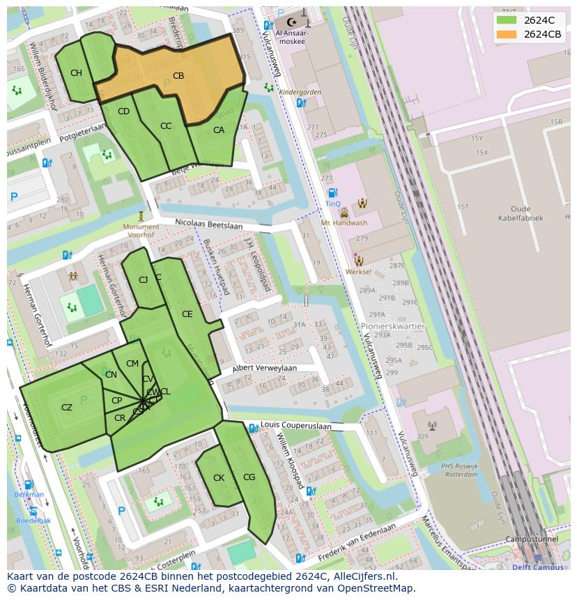 Afbeelding van het postcodegebied 2624 CB op de kaart.
