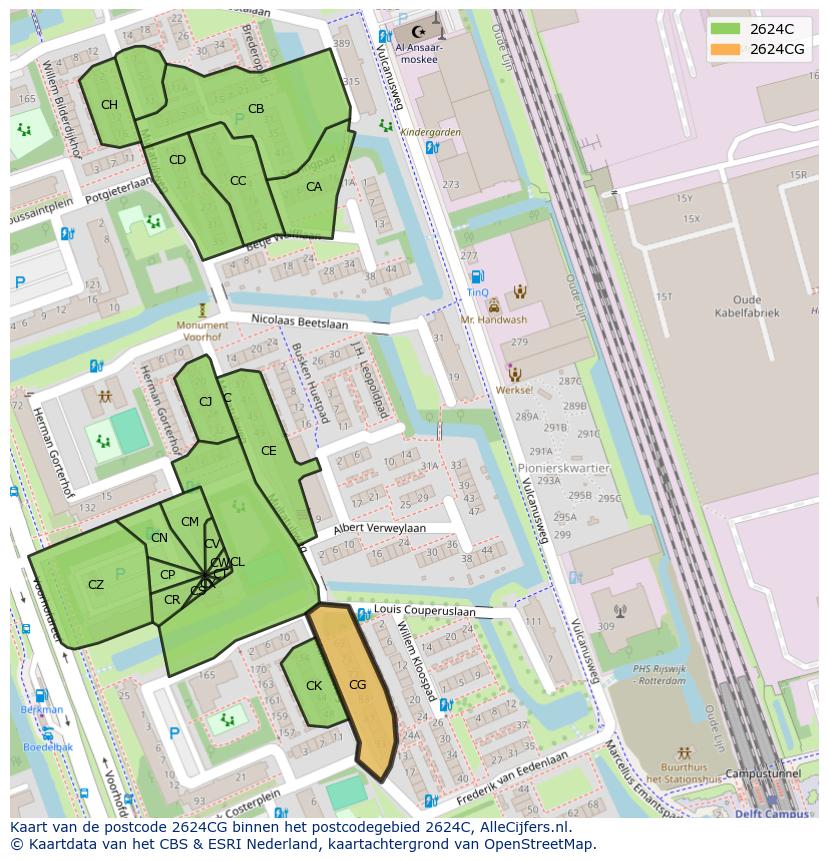 Afbeelding van het postcodegebied 2624 CG op de kaart.