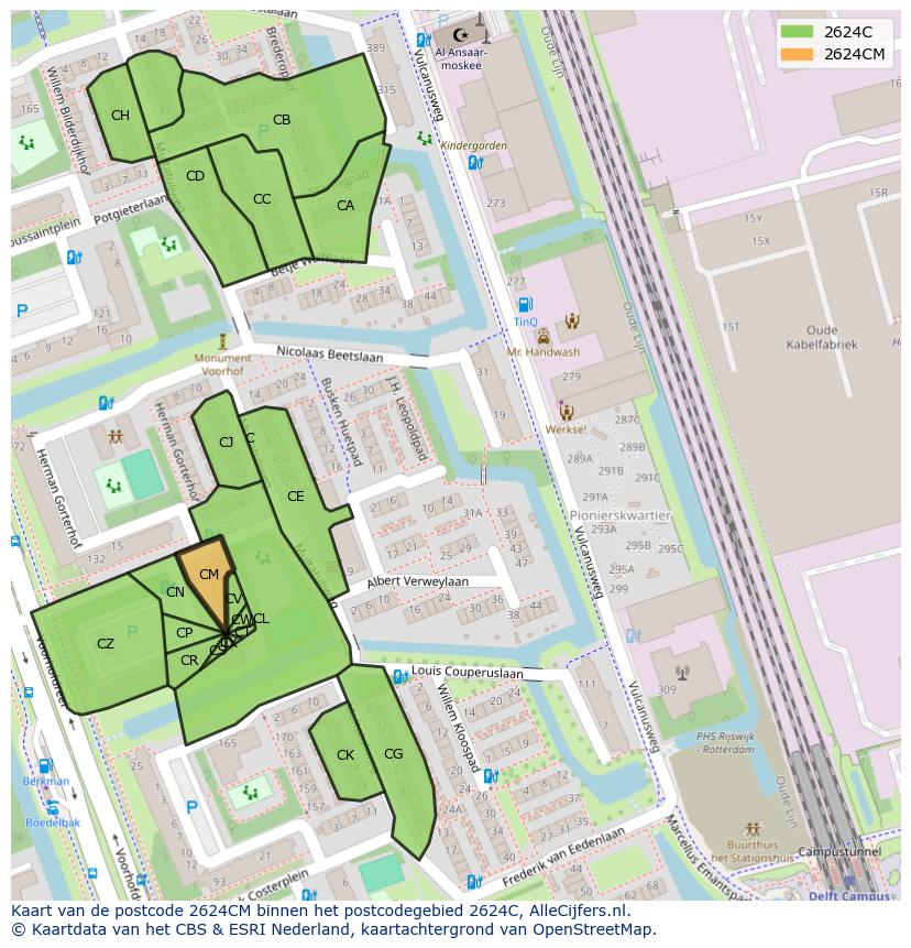 Afbeelding van het postcodegebied 2624 CM op de kaart.