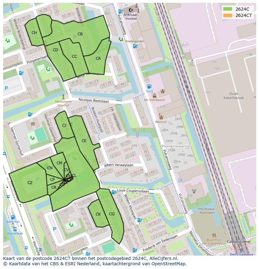 Afbeelding van het postcodegebied 2624 CT op de kaart.