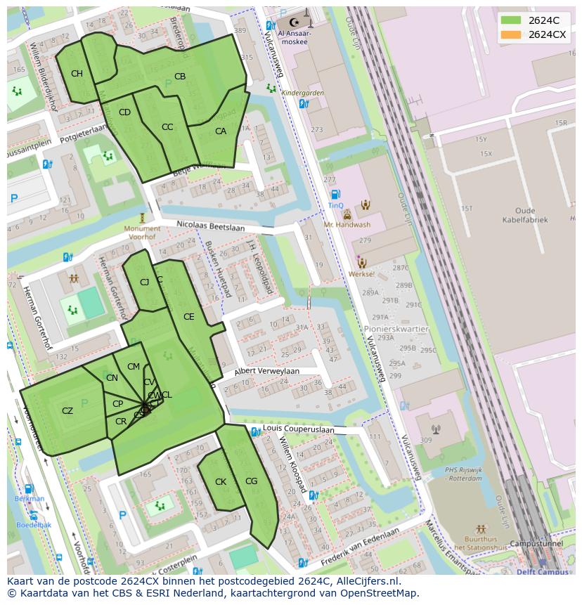 Afbeelding van het postcodegebied 2624 CX op de kaart.