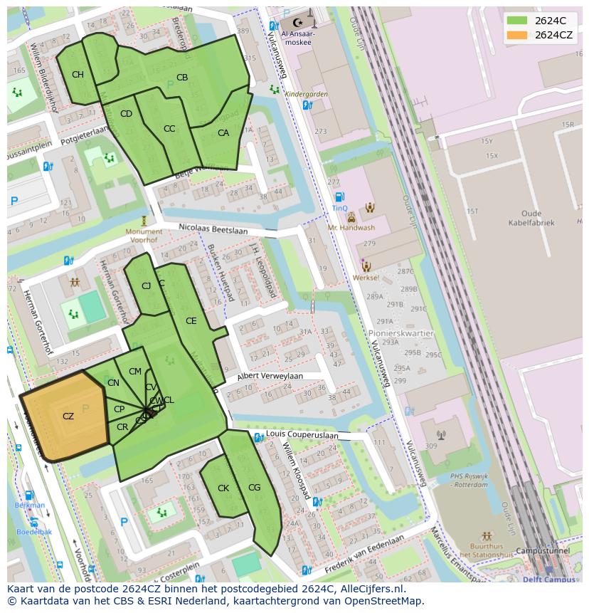 Afbeelding van het postcodegebied 2624 CZ op de kaart.