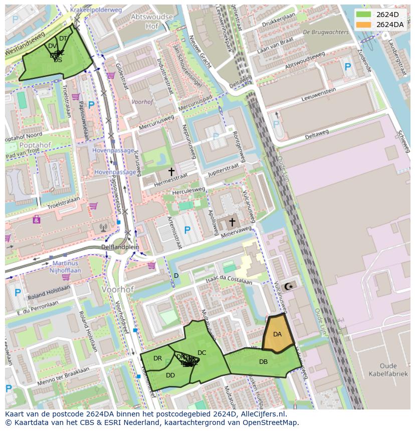 Afbeelding van het postcodegebied 2624 DA op de kaart.