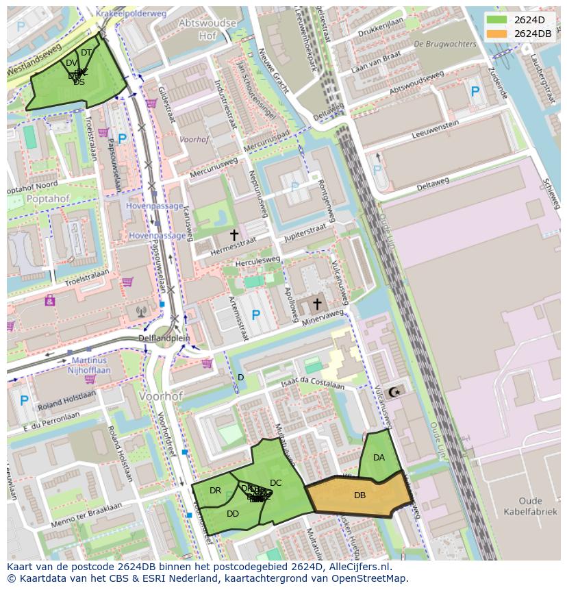 Afbeelding van het postcodegebied 2624 DB op de kaart.