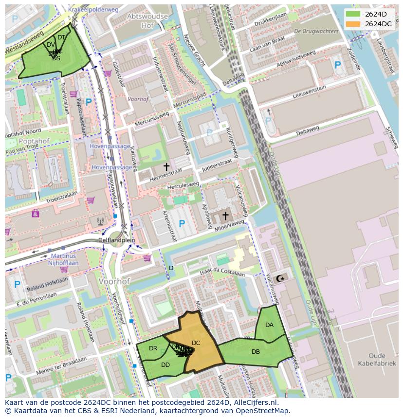 Afbeelding van het postcodegebied 2624 DC op de kaart.