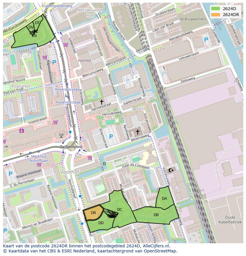Afbeelding van het postcodegebied 2624 DR op de kaart.
