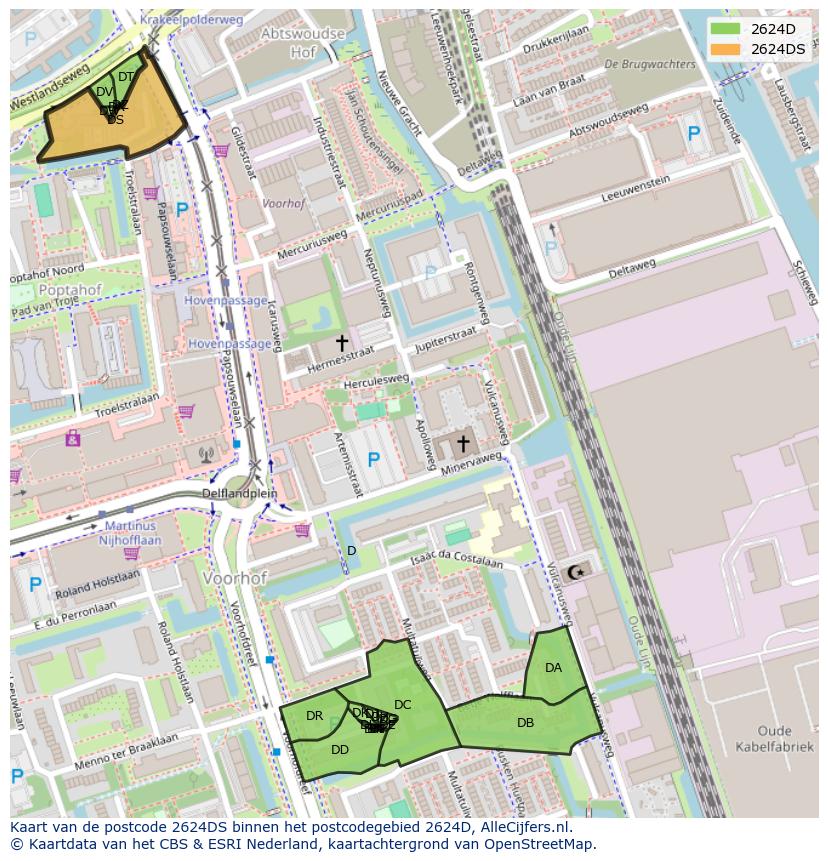 Afbeelding van het postcodegebied 2624 DS op de kaart.