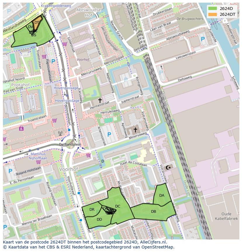 Afbeelding van het postcodegebied 2624 DT op de kaart.