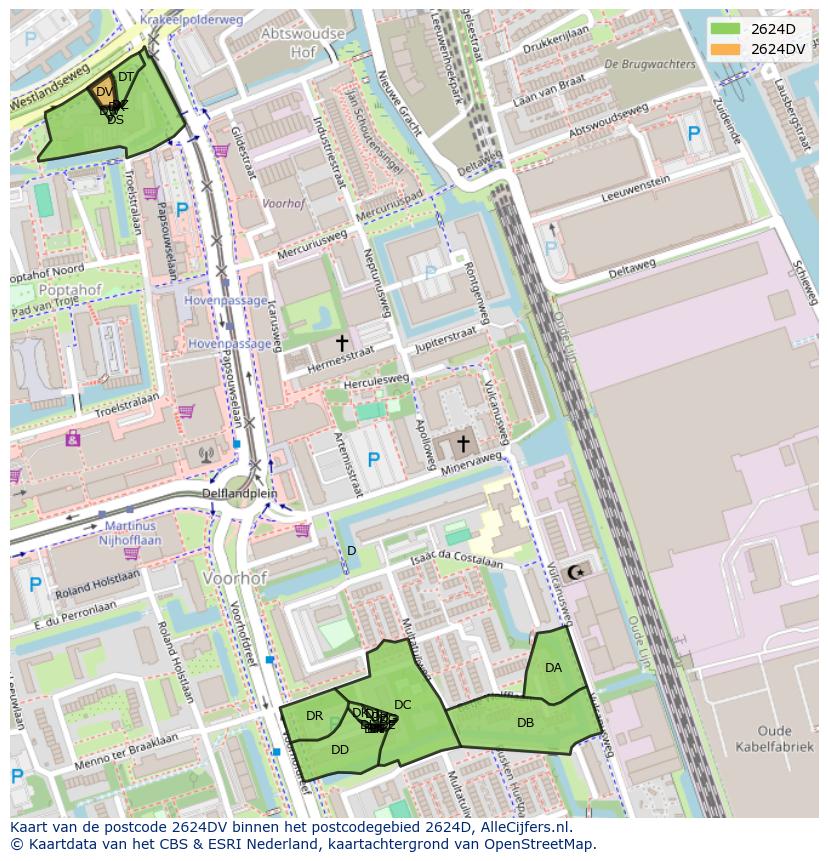 Afbeelding van het postcodegebied 2624 DV op de kaart.
