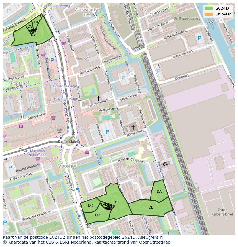 Afbeelding van het postcodegebied 2624 DZ op de kaart.