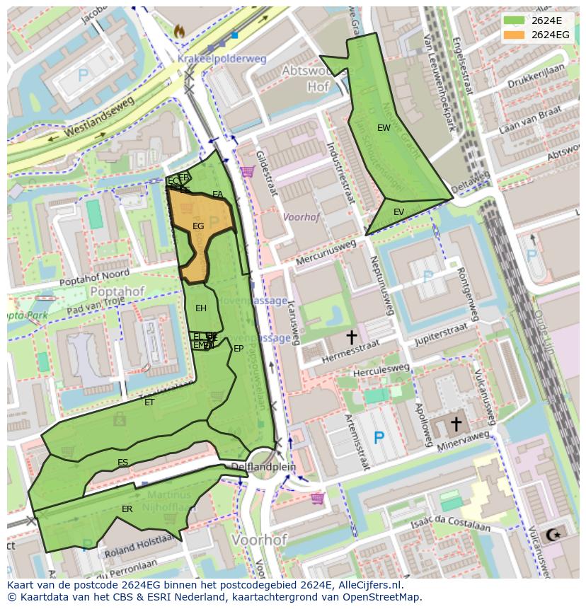 Afbeelding van het postcodegebied 2624 EG op de kaart.