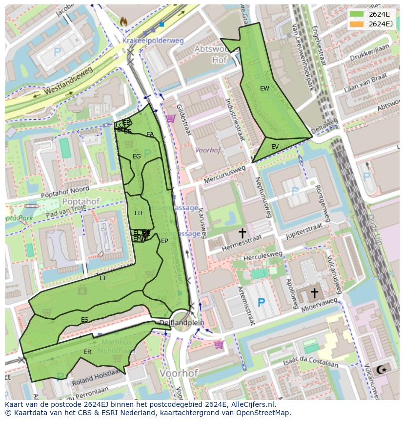 Afbeelding van het postcodegebied 2624 EJ op de kaart.