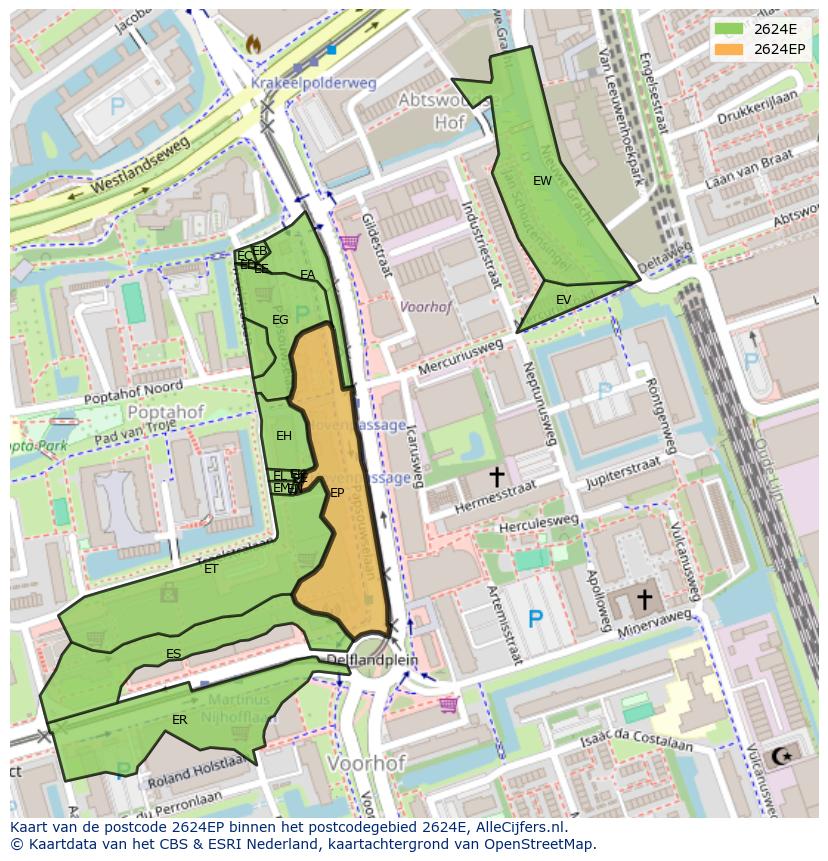 Afbeelding van het postcodegebied 2624 EP op de kaart.