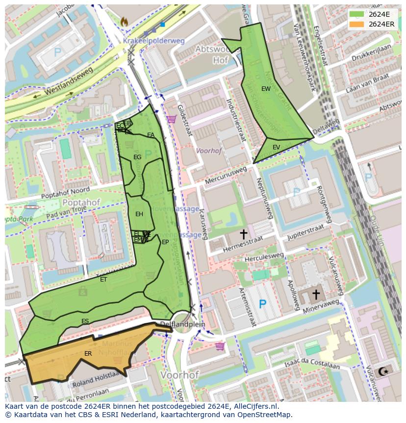 Afbeelding van het postcodegebied 2624 ER op de kaart.