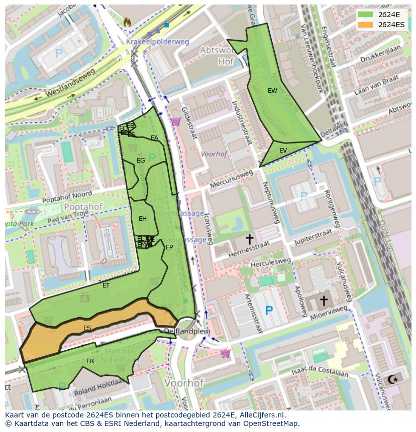 Afbeelding van het postcodegebied 2624 ES op de kaart.