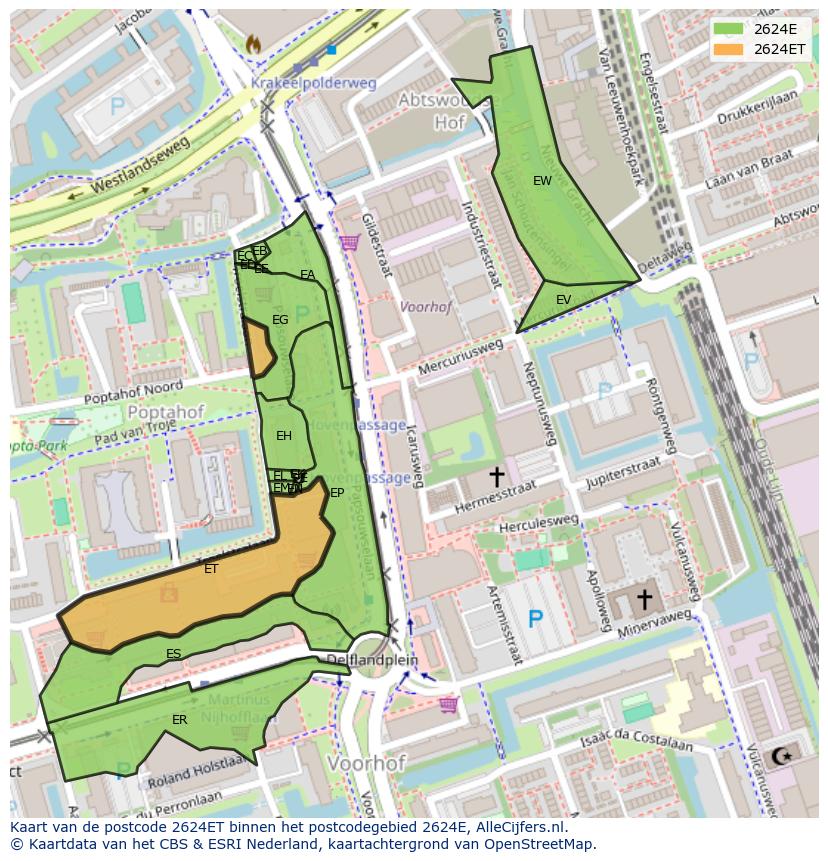 Afbeelding van het postcodegebied 2624 ET op de kaart.
