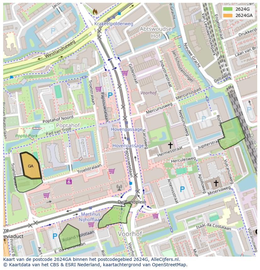 Afbeelding van het postcodegebied 2624 GA op de kaart.