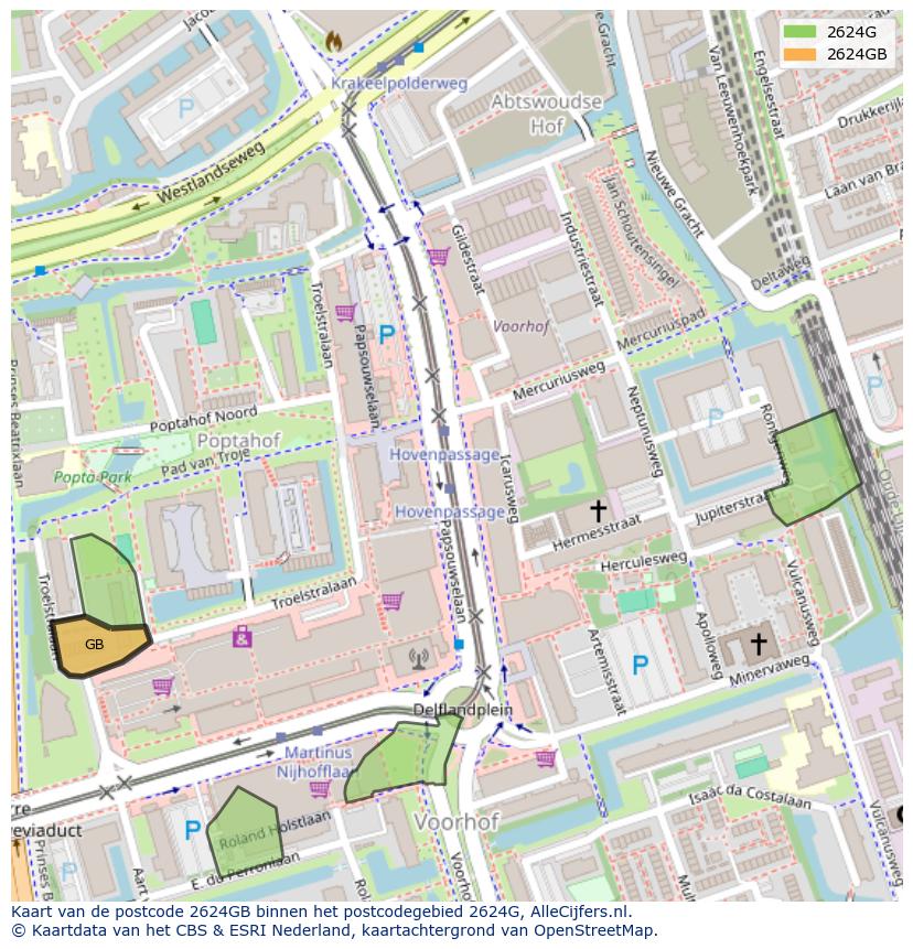 Afbeelding van het postcodegebied 2624 GB op de kaart.