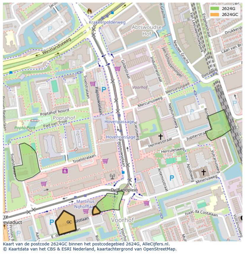 Afbeelding van het postcodegebied 2624 GC op de kaart.