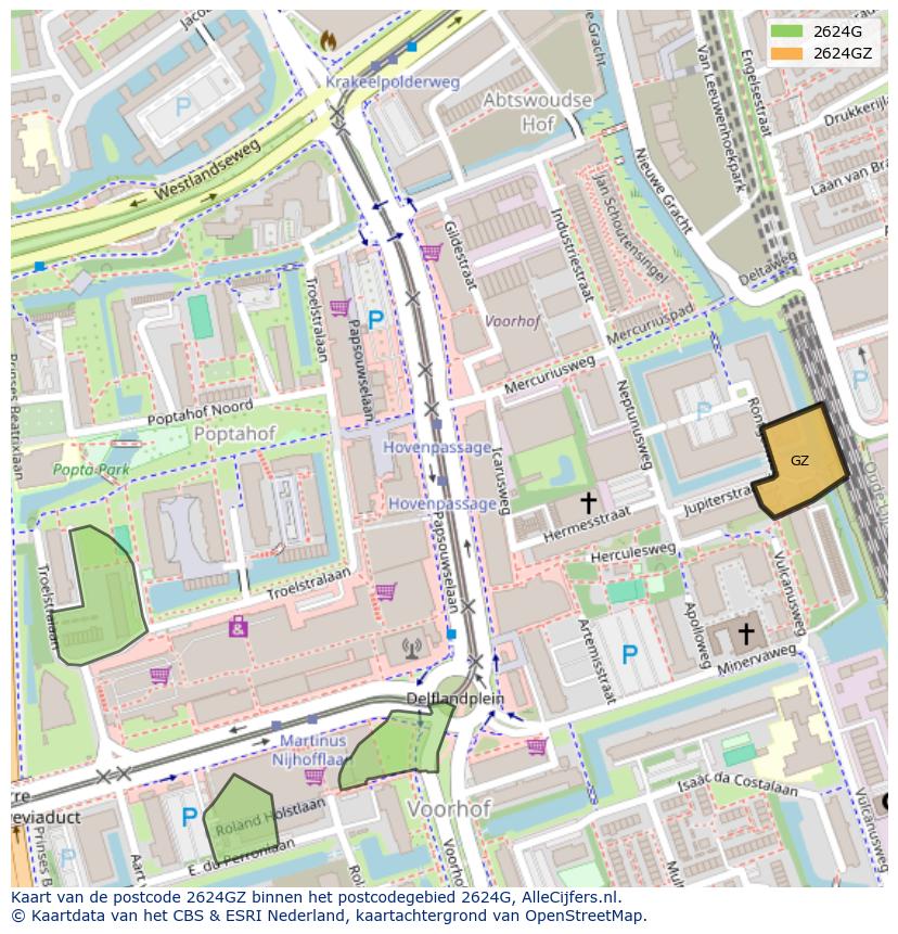Afbeelding van het postcodegebied 2624 GZ op de kaart.