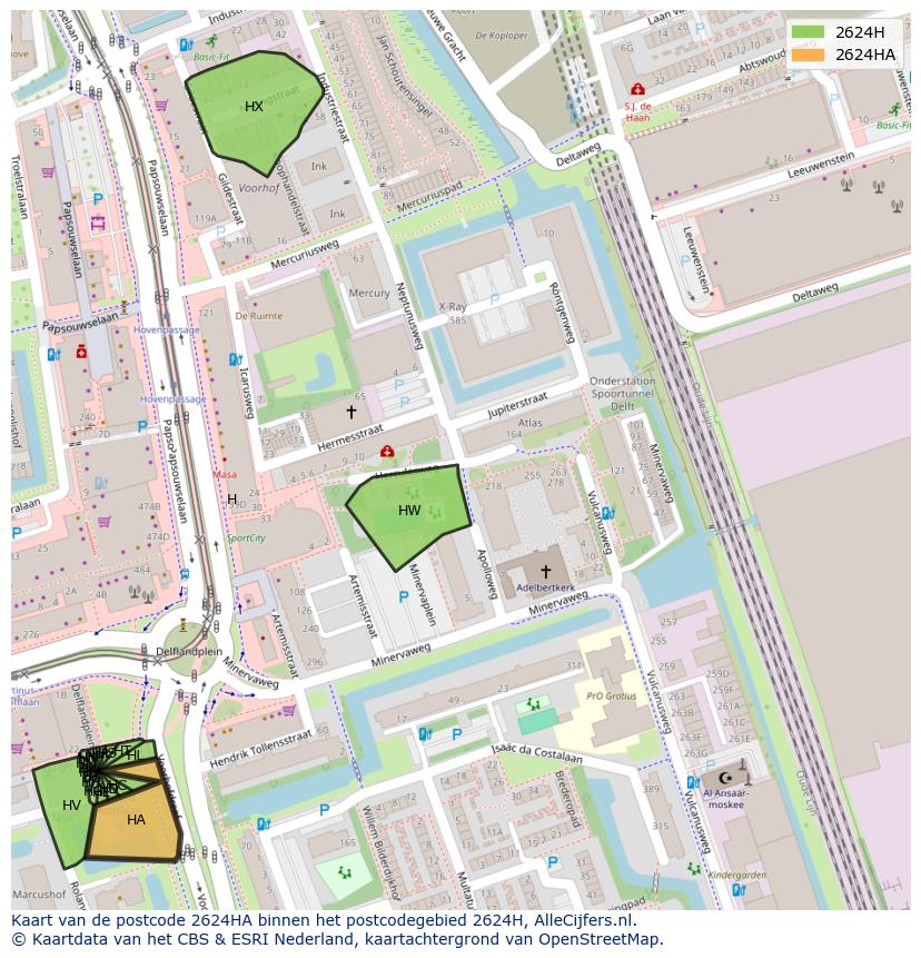 Afbeelding van het postcodegebied 2624 HA op de kaart.