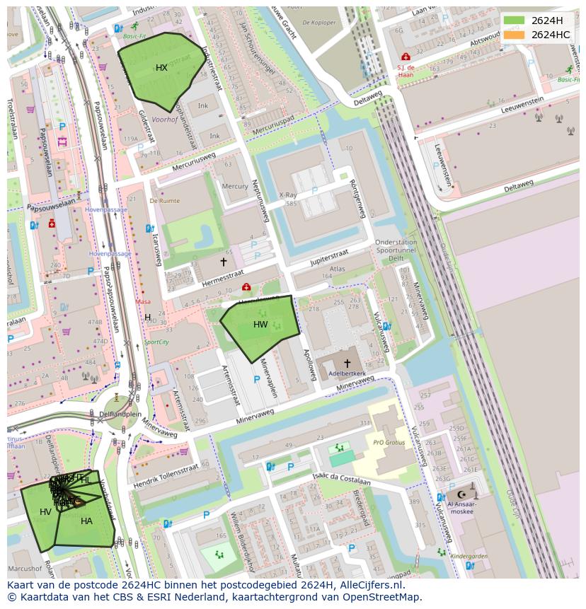 Afbeelding van het postcodegebied 2624 HC op de kaart.