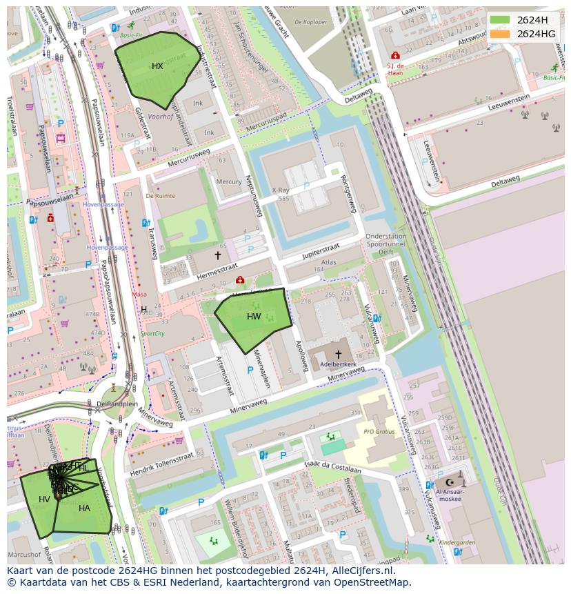 Afbeelding van het postcodegebied 2624 HG op de kaart.