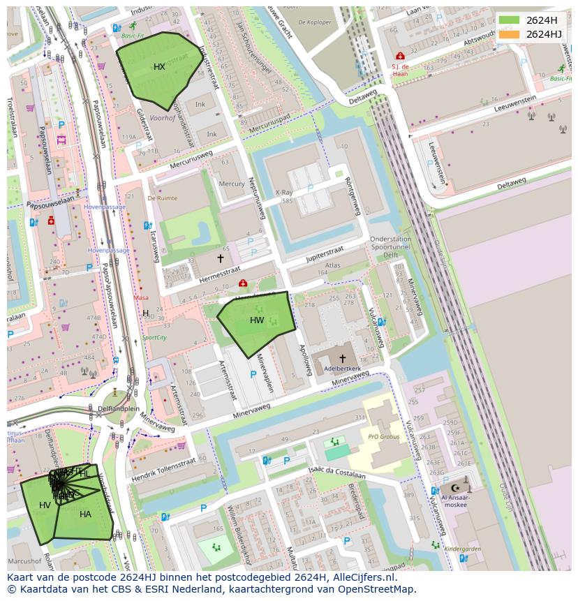 Afbeelding van het postcodegebied 2624 HJ op de kaart.