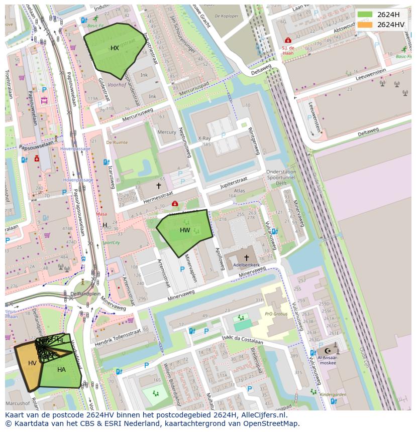 Afbeelding van het postcodegebied 2624 HV op de kaart.