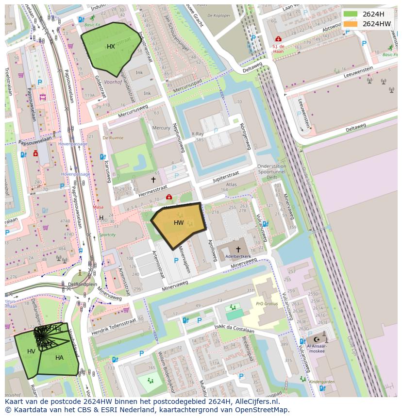 Afbeelding van het postcodegebied 2624 HW op de kaart.