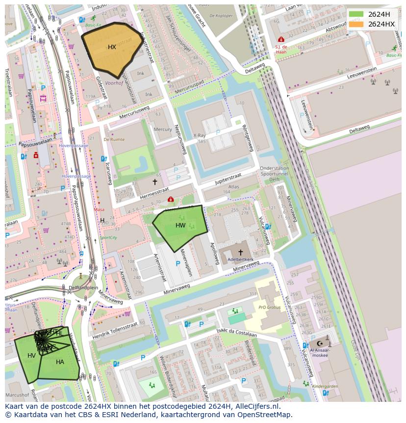 Afbeelding van het postcodegebied 2624 HX op de kaart.