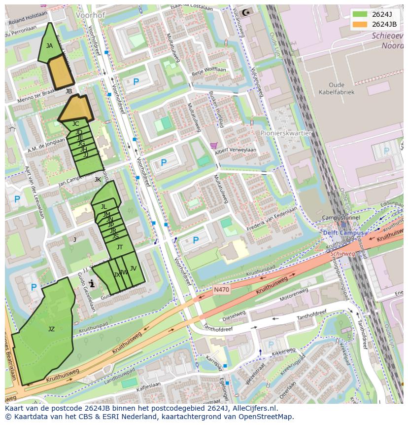 Afbeelding van het postcodegebied 2624 JB op de kaart.